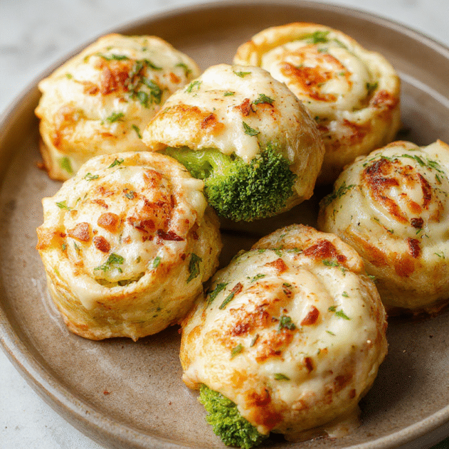 Colorful broccoli cheese pinwheels arranged neatly on a white plate with a golden crust, vibrant green broccoli bits visible inside, sprinkled with extra cheese and herbs, styled simply with a blurred background for a fresh and inviting look.