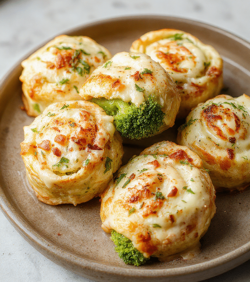 Colorful broccoli cheese pinwheels arranged neatly on a white plate with a golden crust, vibrant green broccoli bits visible inside, sprinkled with extra cheese and herbs, styled simply with a blurred background for a fresh and inviting look.