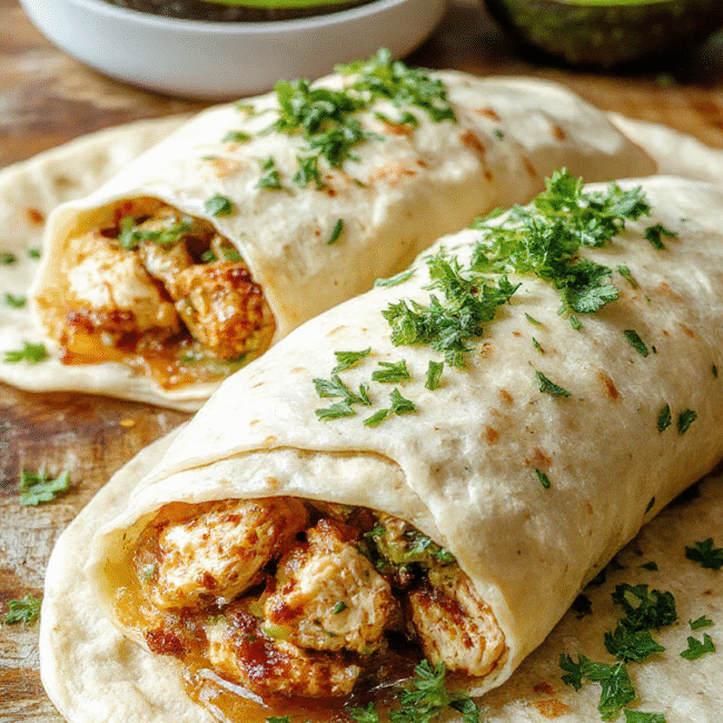 A vibrant chicken avocado wrap sliced in half revealing fresh green avocado, juicy grilled chicken, crisp lettuce, and a creamy sauce all wrapped in a soft tortilla, arranged on rustic wooden board with a colorful background.