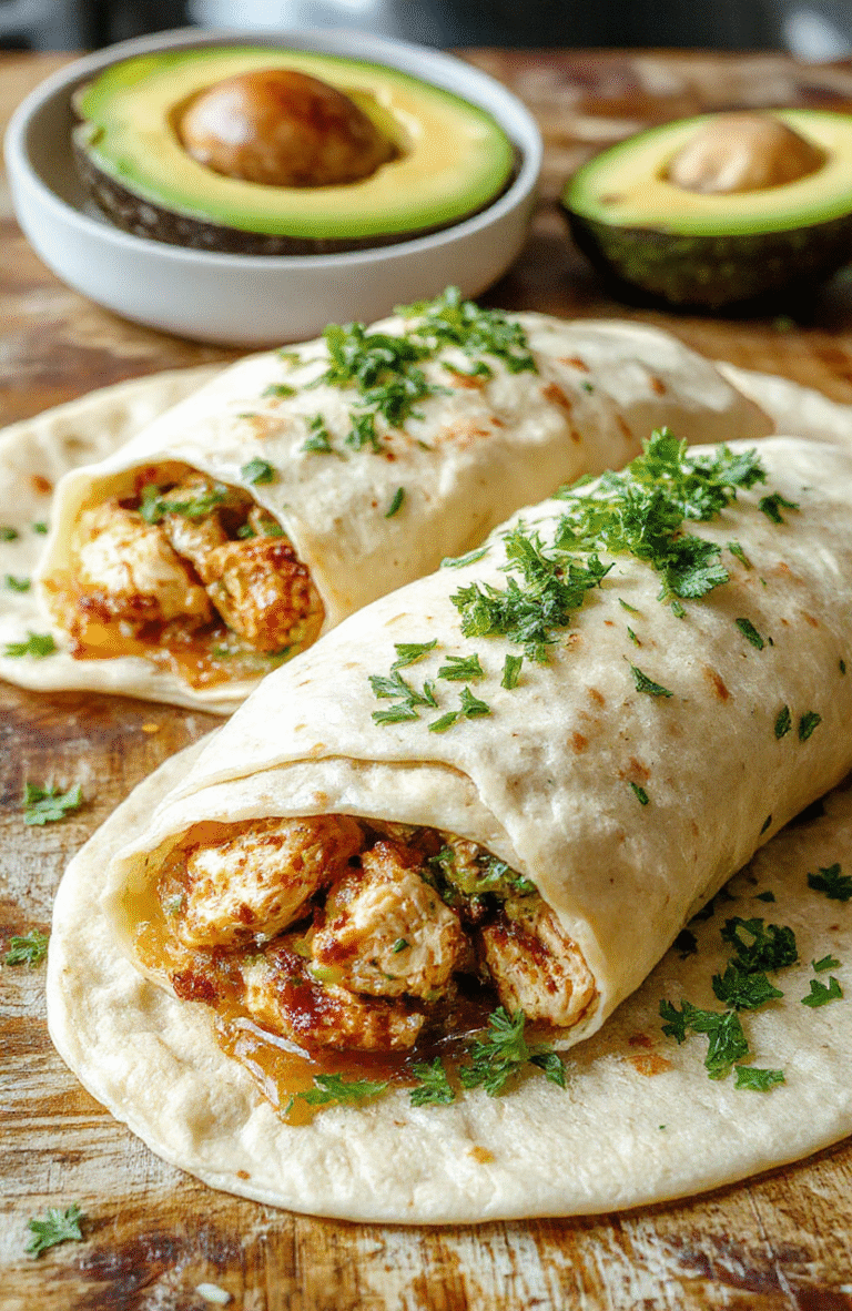 A vibrant chicken avocado wrap sliced in half revealing fresh green avocado, juicy grilled chicken, crisp lettuce, and a creamy sauce all wrapped in a soft tortilla, arranged on rustic wooden board with a colorful background.