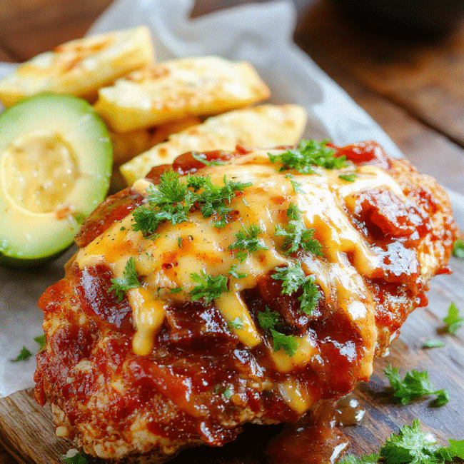 A vibrant plate featuring tender grilled chicken topped with crispy bacon, melted cheddar cheese, and tangy barbecue sauce. The dish is artfully arranged on a rustic wooden table with fresh herbs sprinkled around, showcasing a mix of rich colors and textures. The cheesy, saucy chicken glistens under soft natural light, with side garden greens adding contrast and freshness.