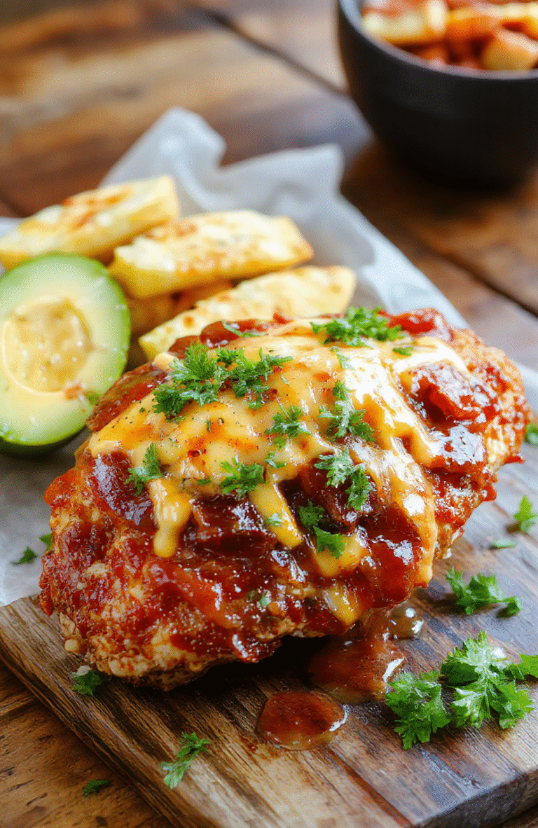 A vibrant plate featuring tender grilled chicken topped with crispy bacon, melted cheddar cheese, and tangy barbecue sauce. The dish is artfully arranged on a rustic wooden table with fresh herbs sprinkled around, showcasing a mix of rich colors and textures. The cheesy, saucy chicken glistens under soft natural light, with side garden greens adding contrast and freshness.