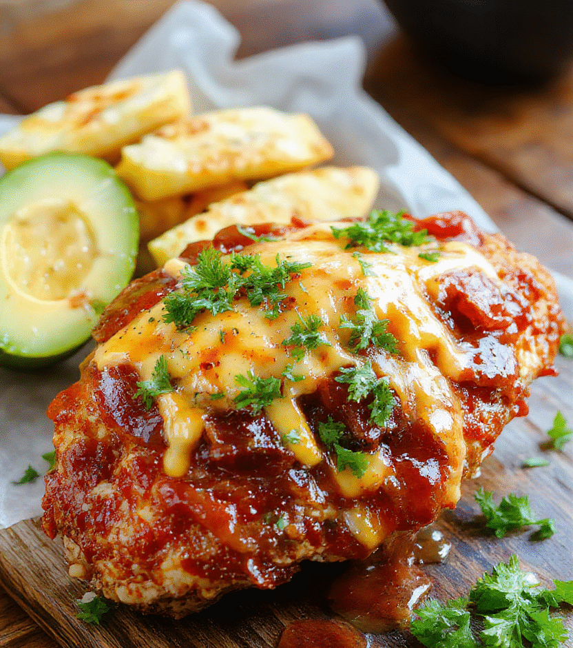 A vibrant plate featuring tender grilled chicken topped with crispy bacon, melted cheddar cheese, and tangy barbecue sauce. The dish is artfully arranged on a rustic wooden table with fresh herbs sprinkled around, showcasing a mix of rich colors and textures. The cheesy, saucy chicken glistens under soft natural light, with side garden greens adding contrast and freshness.