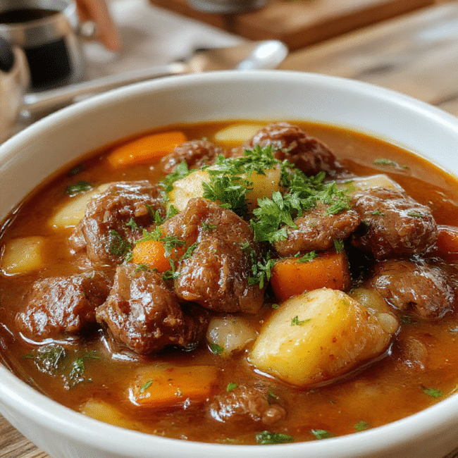 A hearty beef stew in a rustic white bowl garnished with fresh herbs, surrounded by chunks of tender beef, carrots, potatoes, and onions, with a thick broth. The bowl is placed on a wooden table with a blurred background of a cozy kitchen scene, warm lighting highlighting the textures and rich colors of the ingredients.