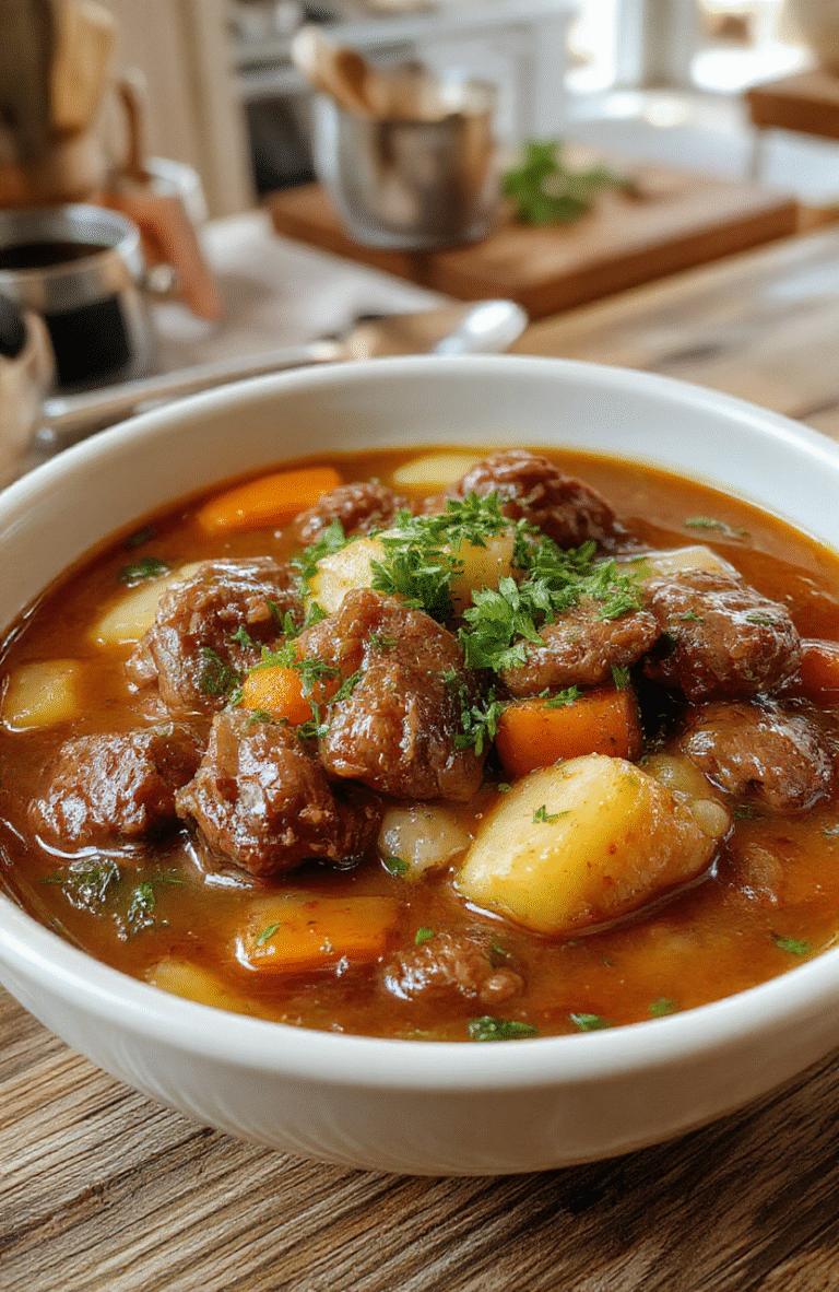 A hearty beef stew in a rustic white bowl garnished with fresh herbs, surrounded by chunks of tender beef, carrots, potatoes, and onions, with a thick broth. The bowl is placed on a wooden table with a blurred background of a cozy kitchen scene, warm lighting highlighting the textures and rich colors of the ingredients.