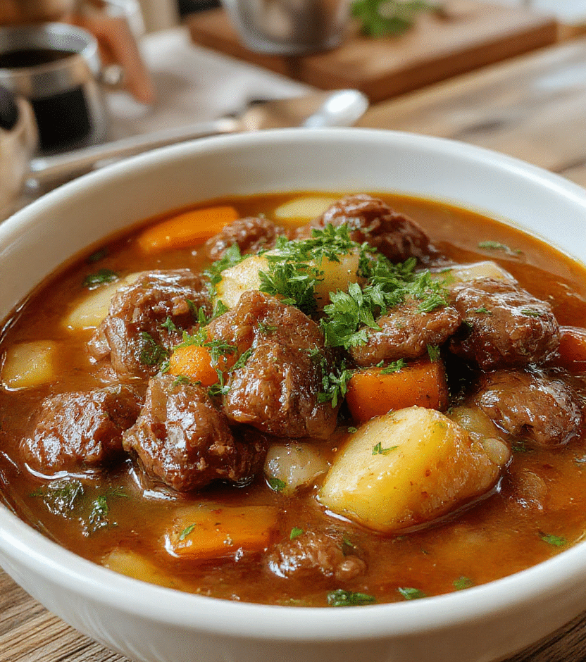 A hearty beef stew in a rustic white bowl garnished with fresh herbs, surrounded by chunks of tender beef, carrots, potatoes, and onions, with a thick broth. The bowl is placed on a wooden table with a blurred background of a cozy kitchen scene, warm lighting highlighting the textures and rich colors of the ingredients.