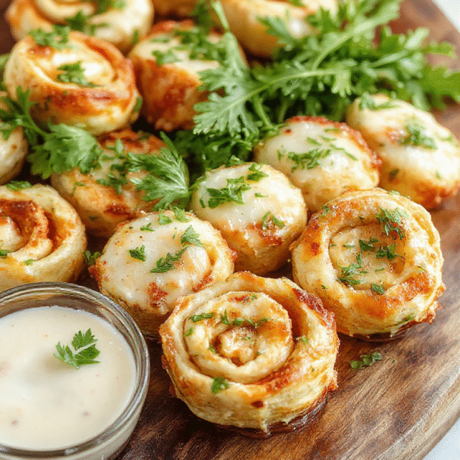 Colorful chicken and cheese pinwheels tightly rolled and sliced, showcasing golden crispy edges and gooey melted cheese inside. The pinwheels are arranged on a rustic wooden platter with fresh herbs and a side of dipping sauce, highlighting their flaky, tender texture. The background features a casual party setting with vibrant colors, perfect for a game day appetizer.