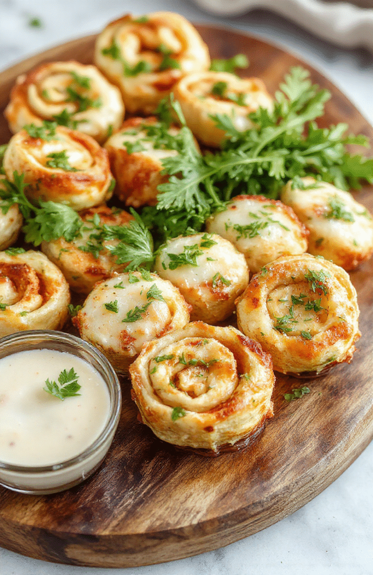 Colorful chicken and cheese pinwheels tightly rolled and sliced, showcasing golden crispy edges and gooey melted cheese inside. The pinwheels are arranged on a rustic wooden platter with fresh herbs and a side of dipping sauce, highlighting their flaky, tender texture. The background features a casual party setting with vibrant colors, perfect for a game day appetizer.