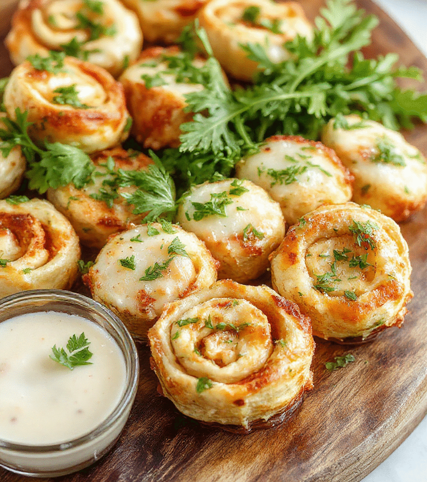 Colorful chicken and cheese pinwheels tightly rolled and sliced, showcasing golden crispy edges and gooey melted cheese inside. The pinwheels are arranged on a rustic wooden platter with fresh herbs and a side of dipping sauce, highlighting their flaky, tender texture. The background features a casual party setting with vibrant colors, perfect for a game day appetizer.