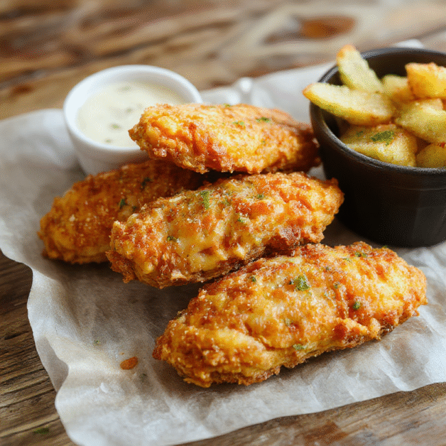 A plate of golden-brown crack chicken tenders arranged neatly on a rustic wooden table, garnished with fresh herbs. The tenders have a crispy, textured coating, served alongside a small bowl of dipping sauce. Soft natural lighting highlights the tender’s crunch, with vibrant green herbs adding a splash of color and freshness to the presentation.