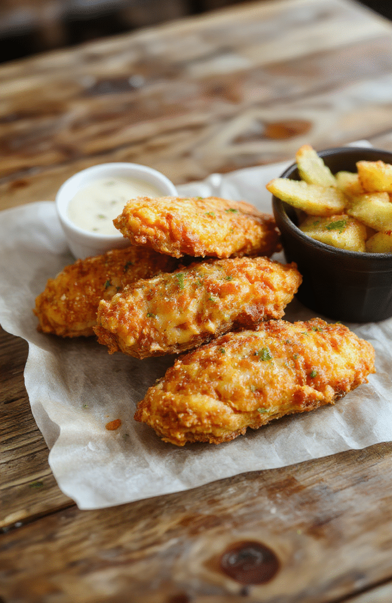 A plate of golden-brown crack chicken tenders arranged neatly on a rustic wooden table, garnished with fresh herbs. The tenders have a crispy, textured coating, served alongside a small bowl of dipping sauce. Soft natural lighting highlights the tender’s crunch, with vibrant green herbs adding a splash of color and freshness to the presentation.