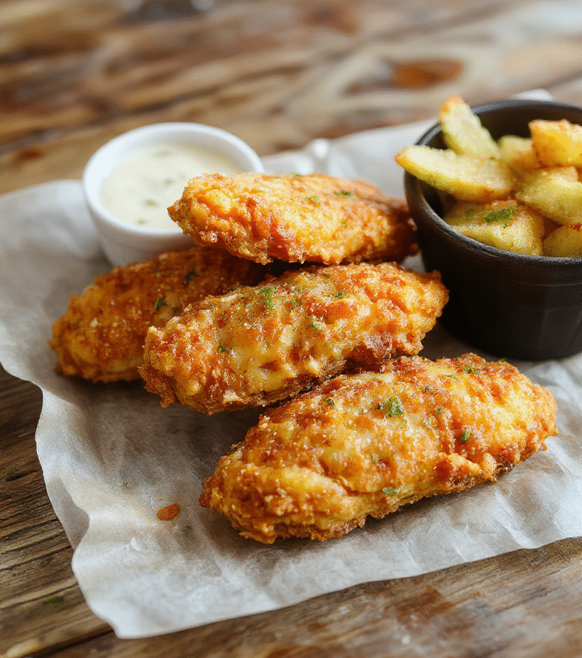 A plate of golden-brown crack chicken tenders arranged neatly on a rustic wooden table, garnished with fresh herbs. The tenders have a crispy, textured coating, served alongside a small bowl of dipping sauce. Soft natural lighting highlights the tender’s crunch, with vibrant green herbs adding a splash of color and freshness to the presentation.