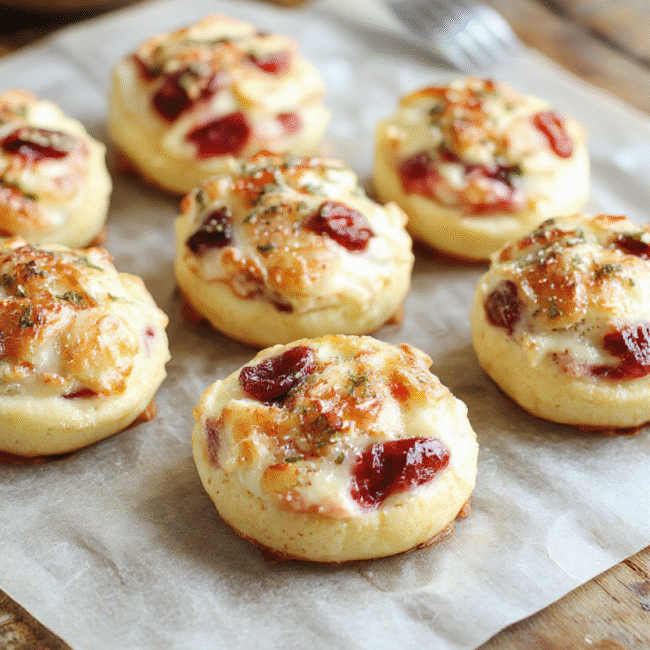 Colorful baked cranberry brie bites on a white ceramic plate, showcasing golden flaky pastry, vibrant red cranberries, creamy melted brie, garnished with fresh herbs, styled with a rustic wooden background.