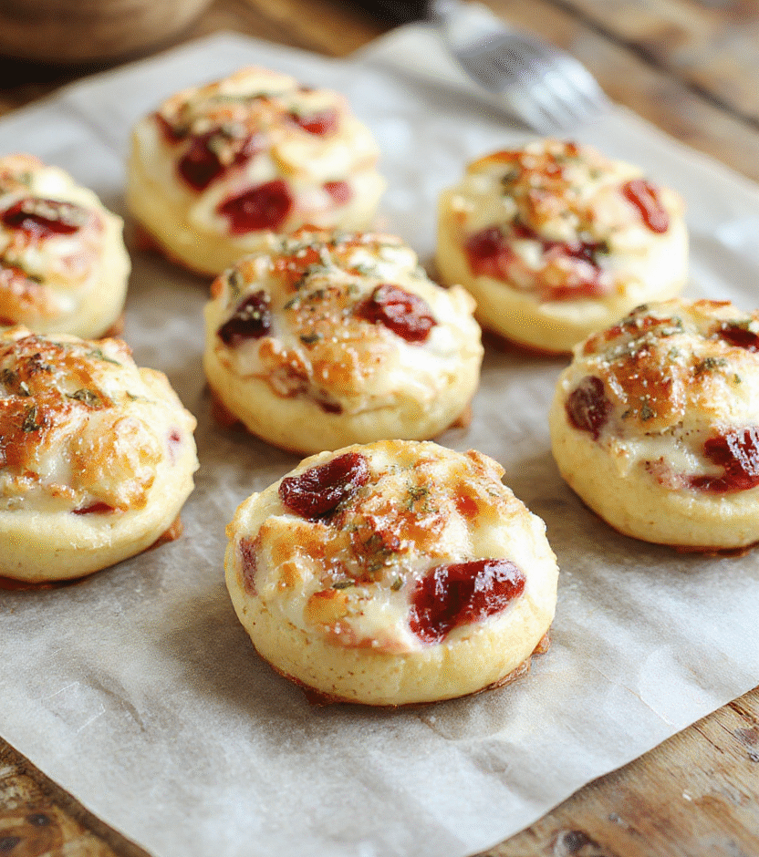 Colorful baked cranberry brie bites on a white ceramic plate, showcasing golden flaky pastry, vibrant red cranberries, creamy melted brie, garnished with fresh herbs, styled with a rustic wooden background.
