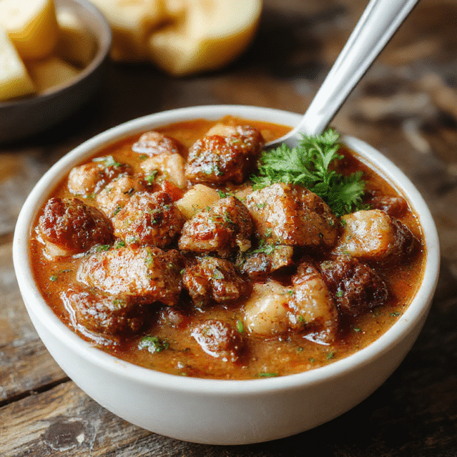 A colorful bowl of Poor Man's Stew with tender beef, carrots, potatoes, and peas in a rich broth, served on a rustic wooden table with a spoon and a sprig of fresh herbs, vibrant and hearty textures emphasized.