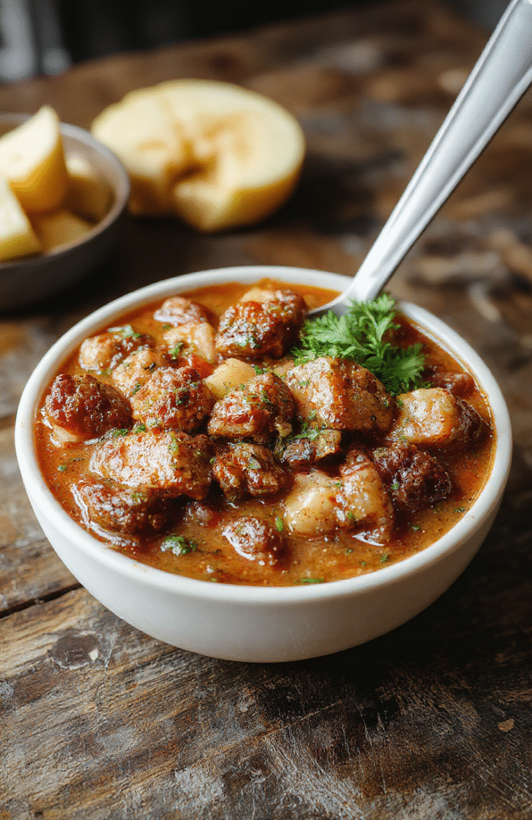 A colorful bowl of Poor Man's Stew with tender beef, carrots, potatoes, and peas in a rich broth, served on a rustic wooden table with a spoon and a sprig of fresh herbs, vibrant and hearty textures emphasized.