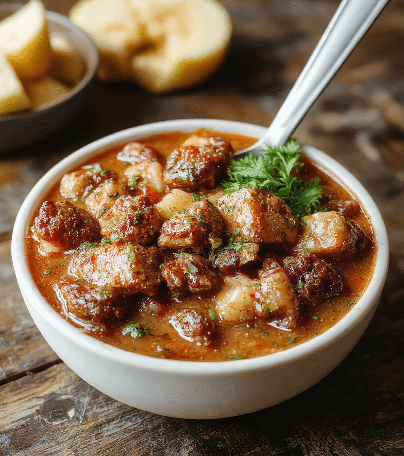 A colorful bowl of Poor Man's Stew with tender beef, carrots, potatoes, and peas in a rich broth, served on a rustic wooden table with a spoon and a sprig of fresh herbs, vibrant and hearty textures emphasized.