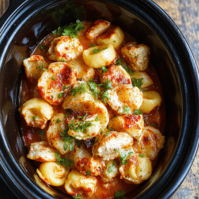 A close-up of a steaming bowl of creamy chicken tortellini soup with golden-brown cooked chicken, vibrant green spinach, and tender tortellini, garnished with grated Parmesan cheese on a rustic wooden table with soft, natural daylight