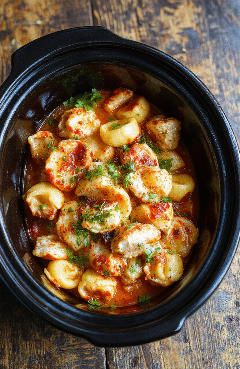 A close-up of a steaming bowl of creamy chicken tortellini soup with golden-brown cooked chicken, vibrant green spinach, and tender tortellini, garnished with grated Parmesan cheese on a rustic wooden table with soft, natural daylight