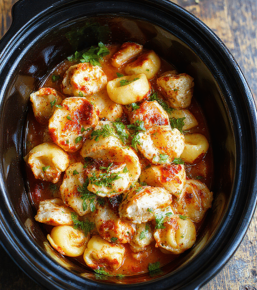 A close-up of a steaming bowl of creamy chicken tortellini soup with golden-brown cooked chicken, vibrant green spinach, and tender tortellini, garnished with grated Parmesan cheese on a rustic wooden table with soft, natural daylight