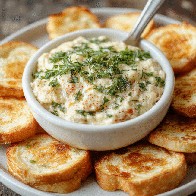 A creamy spinach artichoke dip served in a white ceramic bowl garnished with chopped parsley and melted cheese, surrounded by crispy bread slices on a rustic wooden table, vibrant green spinach and tender artichoke pieces visible, steaming hot and inviting.