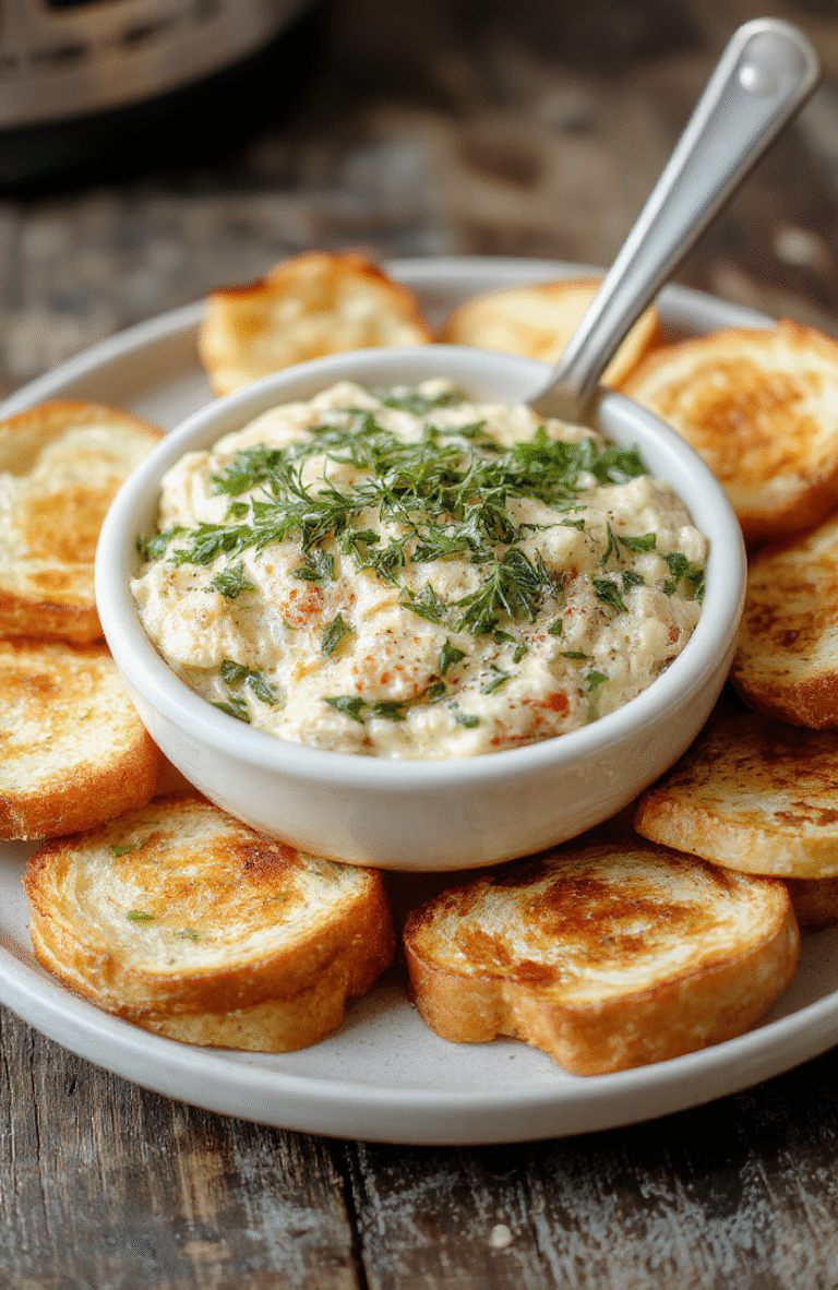 A creamy spinach artichoke dip served in a white ceramic bowl garnished with chopped parsley and melted cheese, surrounded by crispy bread slices on a rustic wooden table, vibrant green spinach and tender artichoke pieces visible, steaming hot and inviting.