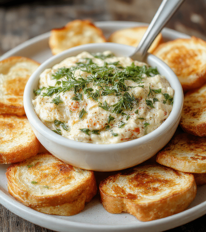 A creamy spinach artichoke dip served in a white ceramic bowl garnished with chopped parsley and melted cheese, surrounded by crispy bread slices on a rustic wooden table, vibrant green spinach and tender artichoke pieces visible, steaming hot and inviting.