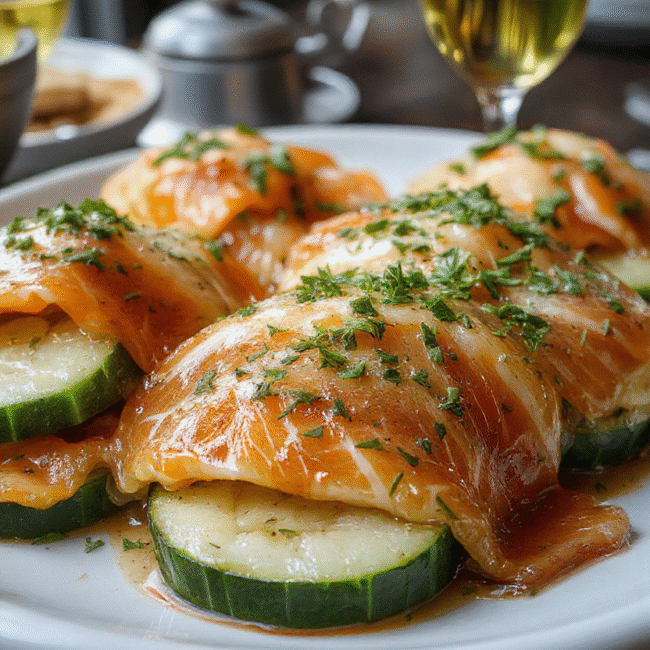 A vibrant plate of cucumber slices topped with delicate smoked salmon and fresh herbs, arranged beautifully on a white ceramic platter with a blurred background of a party setting, showcasing textures of crisp cucumber and silky fish, with bright green and orange hues.