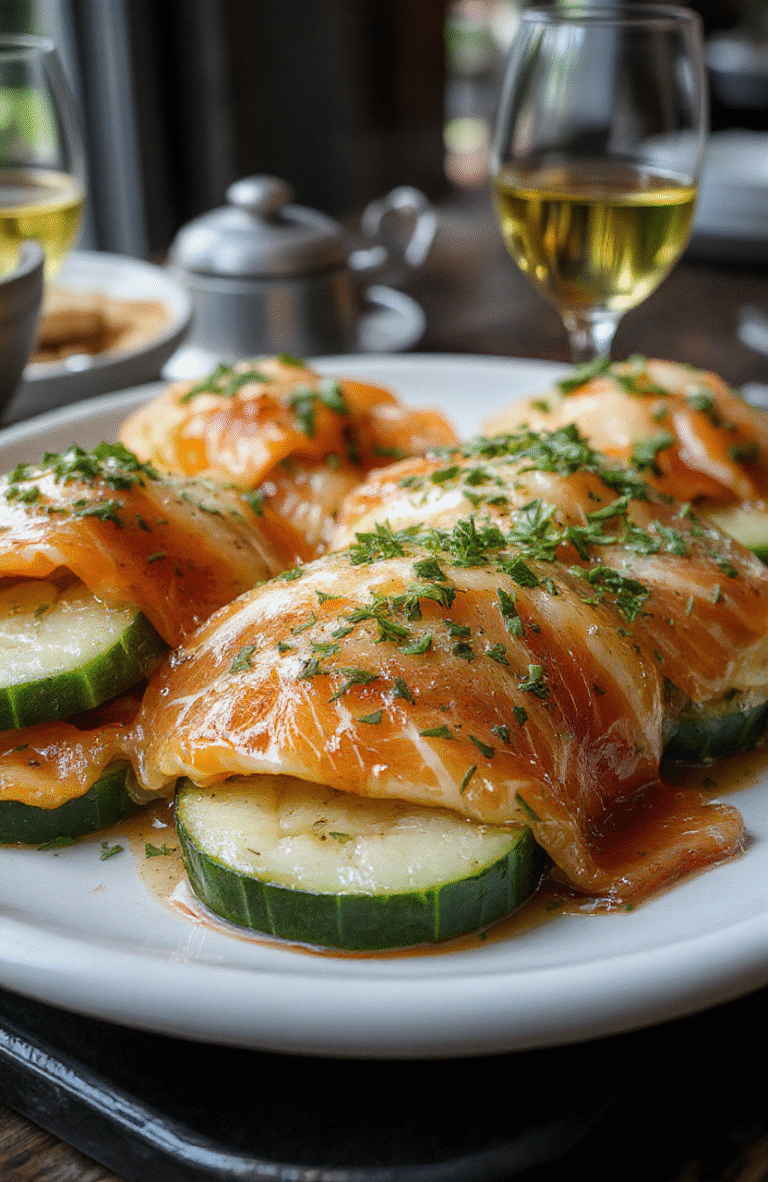 A vibrant plate of cucumber slices topped with delicate smoked salmon and fresh herbs, arranged beautifully on a white ceramic platter with a blurred background of a party setting, showcasing textures of crisp cucumber and silky fish, with bright green and orange hues.