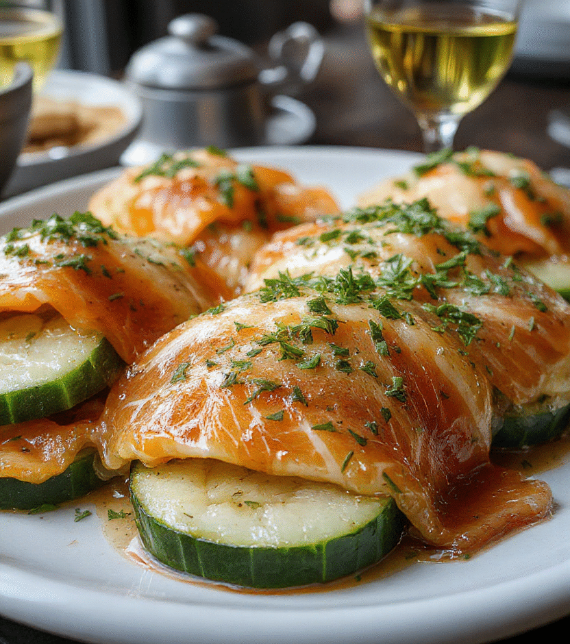 A vibrant plate of cucumber slices topped with delicate smoked salmon and fresh herbs, arranged beautifully on a white ceramic platter with a blurred background of a party setting, showcasing textures of crisp cucumber and silky fish, with bright green and orange hues.
