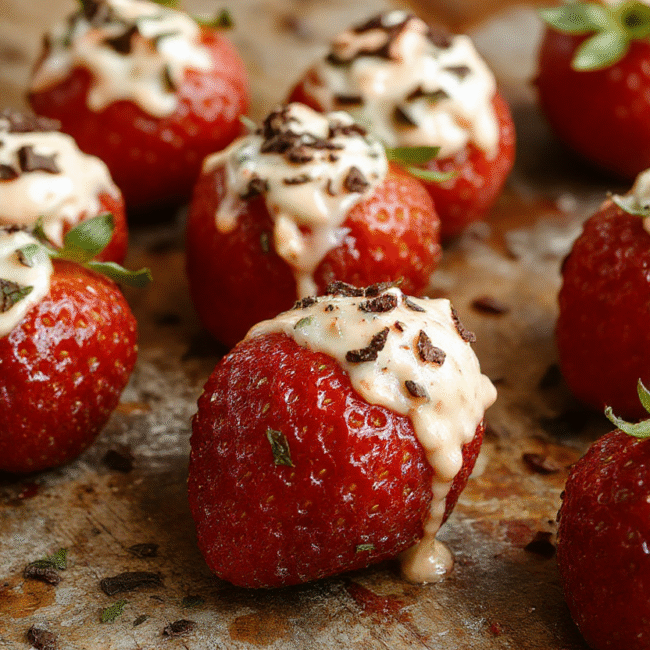 Vibrant red strawberries filled with creamy, whipped filling, topped with a drizzle of chocolate and colorful sprinkles, beautifully plated on a white dish with fresh mint garnish, showcasing glossy textures and appealing presentation.