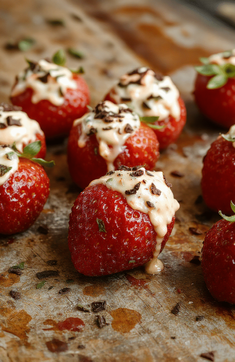 Vibrant red strawberries filled with creamy, whipped filling, topped with a drizzle of chocolate and colorful sprinkles, beautifully plated on a white dish with fresh mint garnish, showcasing glossy textures and appealing presentation.