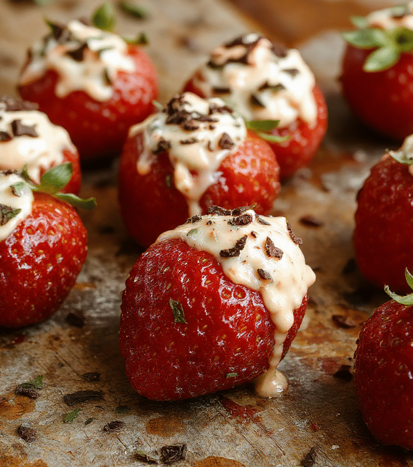 Vibrant red strawberries filled with creamy, whipped filling, topped with a drizzle of chocolate and colorful sprinkles, beautifully plated on a white dish with fresh mint garnish, showcasing glossy textures and appealing presentation.