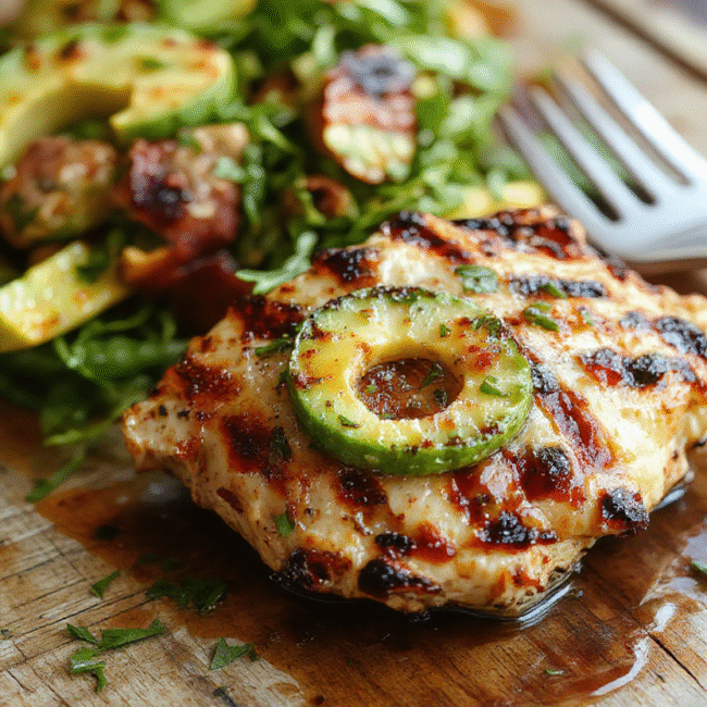 A vibrant plate featuring grilled chicken breasts topped with creamy avocado slices and fresh herbs, surrounded by colorful cherry tomatoes and greens on a rustic wooden table, with a lightly charred grill marks on the chicken and a smooth, ripe avocado topping.