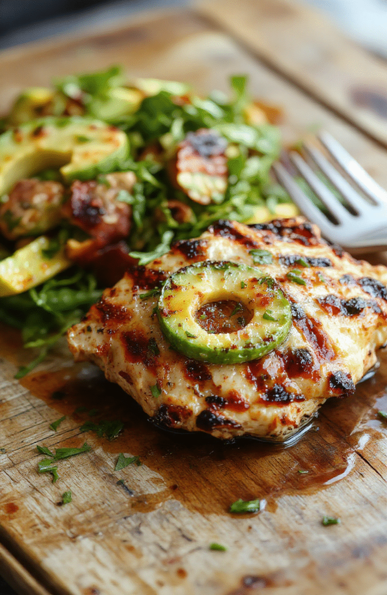 A vibrant plate featuring grilled chicken breasts topped with creamy avocado slices and fresh herbs, surrounded by colorful cherry tomatoes and greens on a rustic wooden table, with a lightly charred grill marks on the chicken and a smooth, ripe avocado topping.