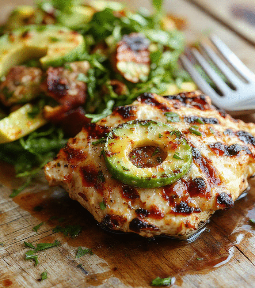 A vibrant plate featuring grilled chicken breasts topped with creamy avocado slices and fresh herbs, surrounded by colorful cherry tomatoes and greens on a rustic wooden table, with a lightly charred grill marks on the chicken and a smooth, ripe avocado topping.