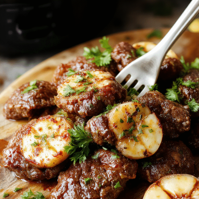 A close-up shot of tender beef bites coated in a glossy garlic butter sauce, served on a rustic wooden platter with fresh herbs and roasted garlic slices, vibrant and juicy, with steam gently rising, styled casually with a natural background.