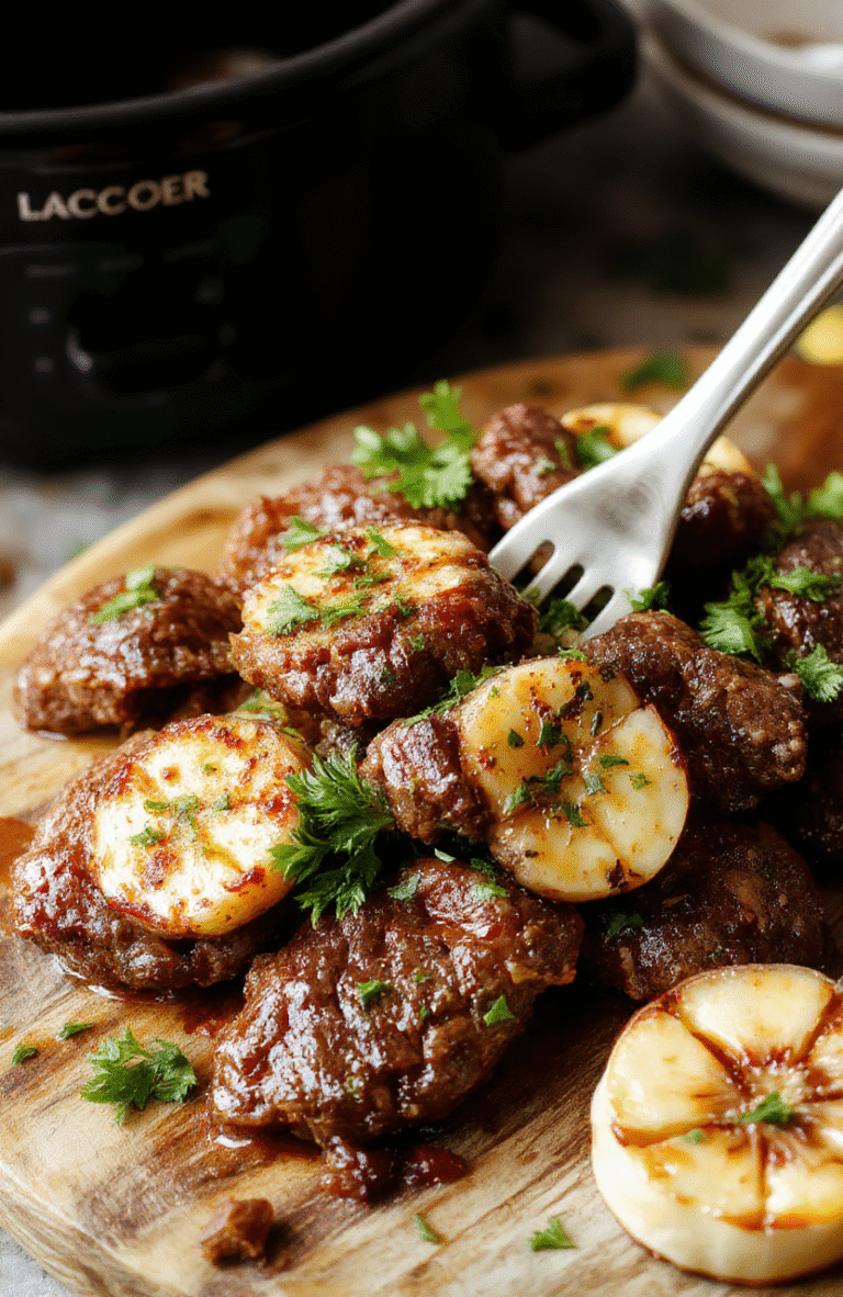 A close-up shot of tender beef bites coated in a glossy garlic butter sauce, served on a rustic wooden platter with fresh herbs and roasted garlic slices, vibrant and juicy, with steam gently rising, styled casually with a natural background.