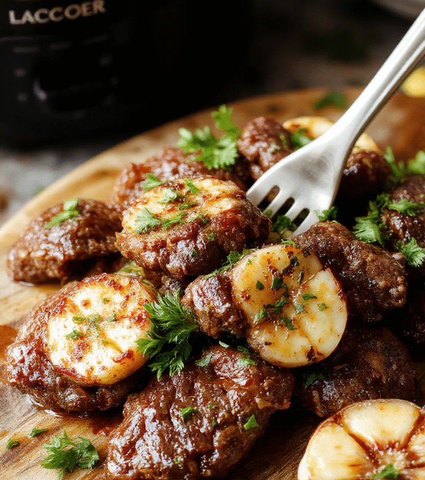 A close-up shot of tender beef bites coated in a glossy garlic butter sauce, served on a rustic wooden platter with fresh herbs and roasted garlic slices, vibrant and juicy, with steam gently rising, styled casually with a natural background.