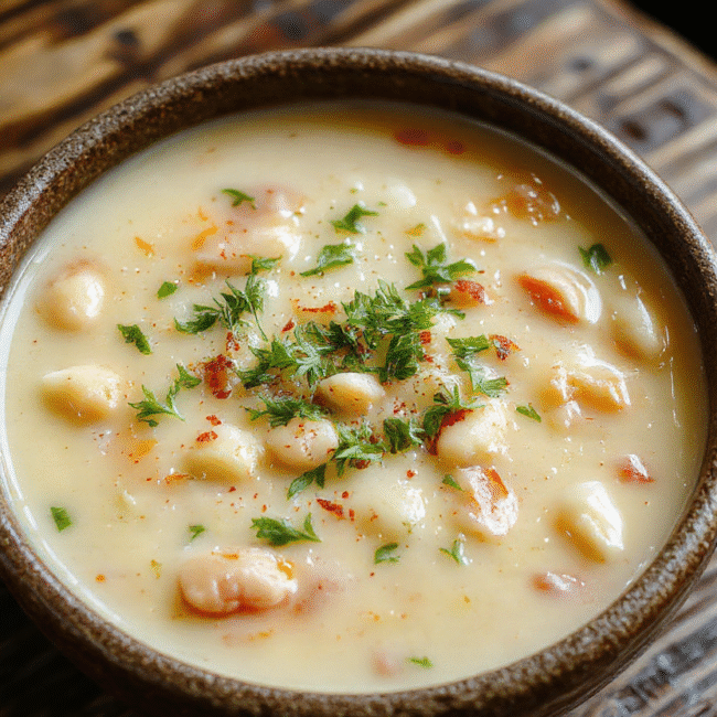 A vibrant bowl of creamy white bean soup garnished with fresh herbs, served with a crusty bread slice on a rustic wooden table, showcasing smooth textures and a rich, inviting color palette of white and green.