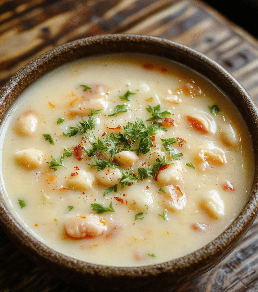 A vibrant bowl of creamy white bean soup garnished with fresh herbs, served with a crusty bread slice on a rustic wooden table, showcasing smooth textures and a rich, inviting color palette of white and green.