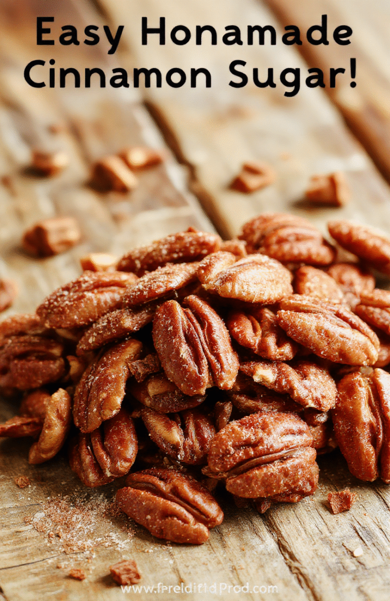 A close-up photo of glossy, golden-brown cinnamon sugar pecans arranged on a rustic wooden plate with a light dusting of cinnamon, styled with a sprinkle of cinnamon and sugar around the nuts, capturing their crunchy texture and caramelized coating, styled simply for an inviting homemade look.