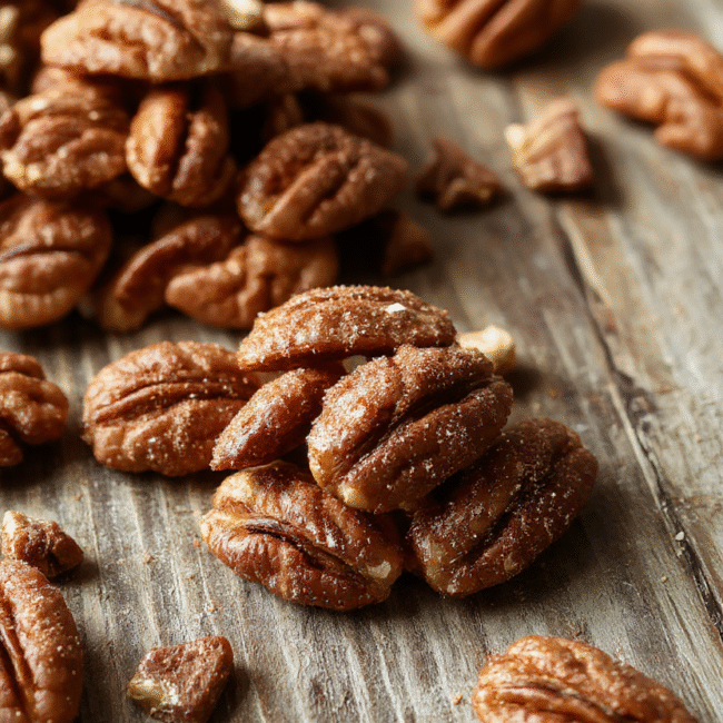 Golden brown cinnamon sugar coated pecans arranged on a rustic wooden table, close-up shot highlighting their glossy, sugary glaze and crispy texture, with some pecans stacked and others scattered casually, styled with a sprinkle of cinnamon powder for visual appeal