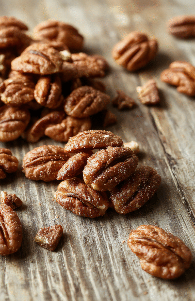 Golden brown cinnamon sugar coated pecans arranged on a rustic wooden table, close-up shot highlighting their glossy, sugary glaze and crispy texture, with some pecans stacked and others scattered casually, styled with a sprinkle of cinnamon powder for visual appeal
