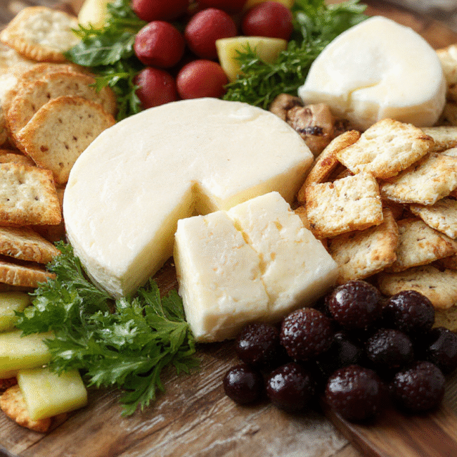 Colorful kid-friendly cheese board featuring an assortment of cheeses, fresh fruits, crackers, and colorful veggies arranged on a wooden platter, with vibrant hues, playful presentation, and appealing textures inviting for children, styled casually on a rustic table.