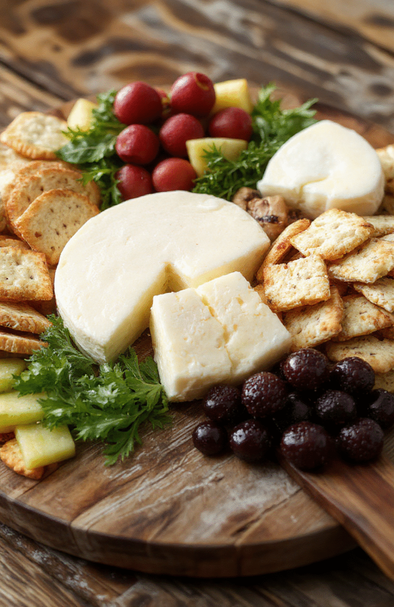 Colorful kid-friendly cheese board featuring an assortment of cheeses, fresh fruits, crackers, and colorful veggies arranged on a wooden platter, with vibrant hues, playful presentation, and appealing textures inviting for children, styled casually on a rustic table.
