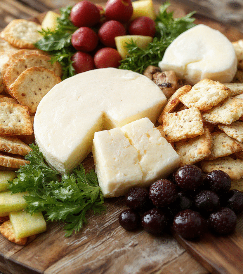 Colorful kid-friendly cheese board featuring an assortment of cheeses, fresh fruits, crackers, and colorful veggies arranged on a wooden platter, with vibrant hues, playful presentation, and appealing textures inviting for children, styled casually on a rustic table.