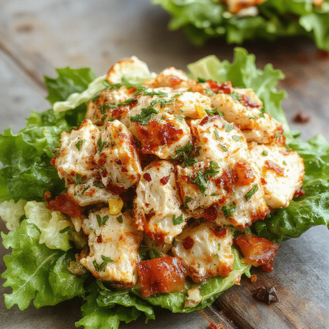Colorful chicken salad served in a clear glass bowl, topped with fresh herbs and chopped vegetables, creamy texture visible, vibrant ingredients, styled simply on a neutral tablecloth