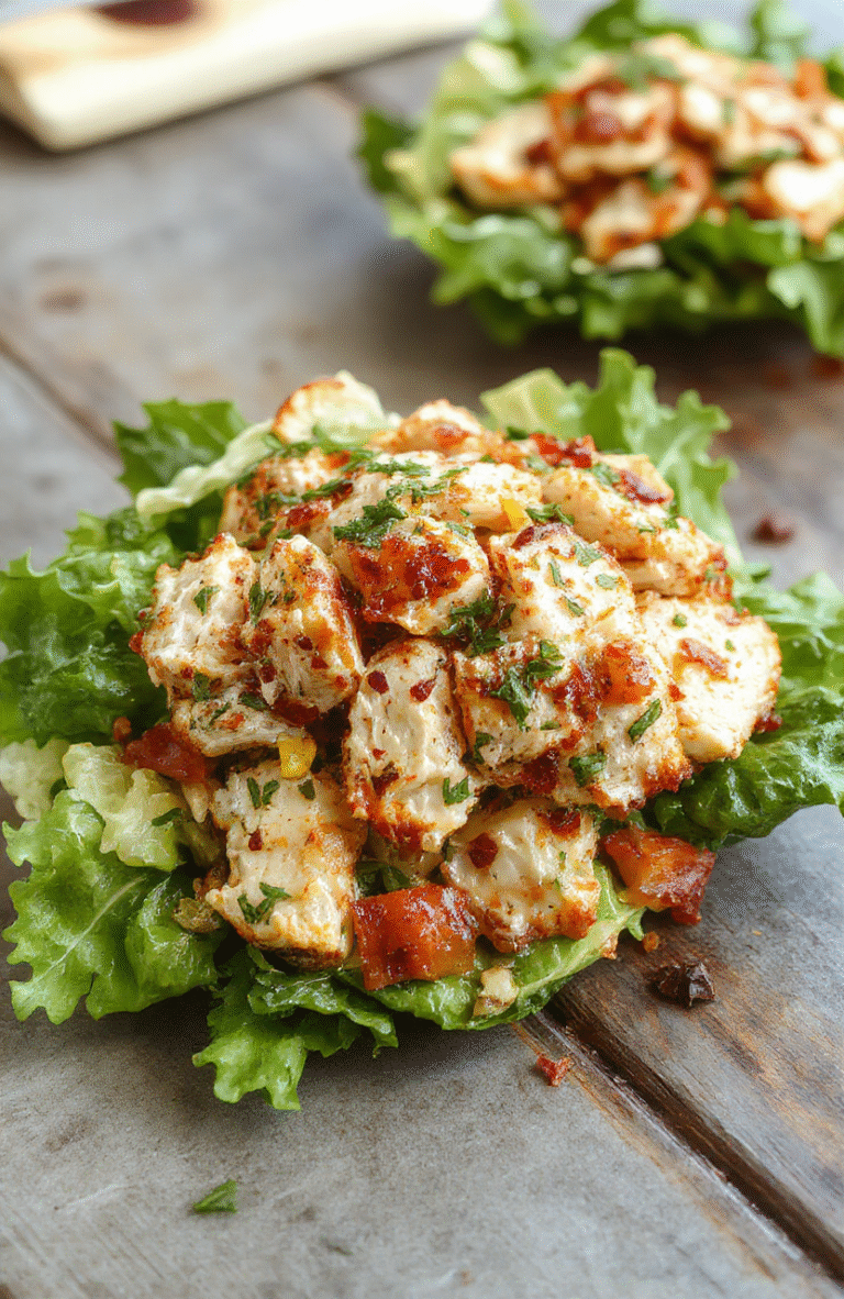 Colorful chicken salad served in a clear glass bowl, topped with fresh herbs and chopped vegetables, creamy texture visible, vibrant ingredients, styled simply on a neutral tablecloth