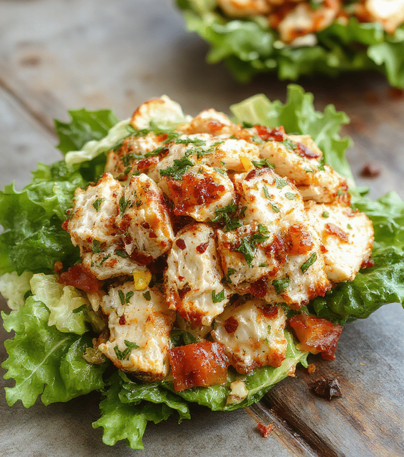 Colorful chicken salad served in a clear glass bowl, topped with fresh herbs and chopped vegetables, creamy texture visible, vibrant ingredients, styled simply on a neutral tablecloth